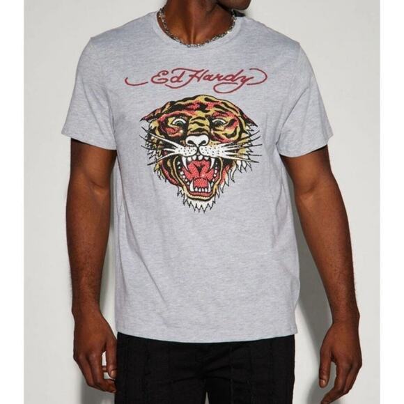Ed Hardy NEW W/ Tags Light Gray Rhinestone Retro Y2K Tiger T-shirt Men's Size M - Picture 1 of 7